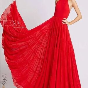 Mac Duggal Ieena Red Ruffle Tiered A Line Maxi Gown